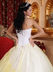 Light Yellow and White Ball Gown Strapless Floor-length Organza Embroidery Quinceanera Dress