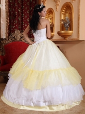 Light Yellow and White Ball Gown Strapless Floor-length Organza Embroidery Quinceanera Dress