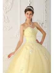 Light Yellow Ball Gown Sweetheart Floor-length Taffeta and Organza Appliques Quinceanera Dress