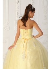 Light Yellow Ball Gown Sweetheart Floor-length Taffeta and Organza Appliques Quinceanera Dress