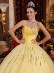 Light Yellow Ball Gown Sweetheart Floor-length Tulle Beading Quinceanera Dress