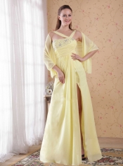 Light Yellow Empire Asymmetrical Floor-length Chiffon Beading and Rhinestones Prom / Evening Dress