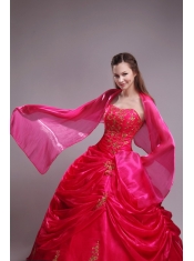 Modest  Ball Gown Strapless Floor-length Orangza Applqiues Red Quinceanera Dress