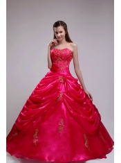 Modest  Ball Gown Strapless Floor-length Orangza Applqiues Red Quinceanera Dress