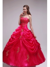 Modest  Ball Gown Strapless Floor-length Orangza Applqiues Red Quinceanera Dress