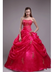 Modest Ball Gown Strapless Floor-length Orangza Applqiues Red Quinceanera Dress