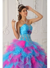 Multi-color Ball Gown Strapless Floor-length Organza Appliques and Hand Made Flower Quinceanera Dress