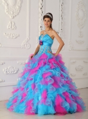 Multi-color Ball Gown Strapless Floor-length Organza Appliques and Hand Made Flower Quinceanera Dress