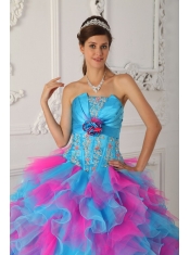 Multi-color Ball Gown Strapless Floor-length Organza Appliques and Hand Made Flower Quinceanera Dress