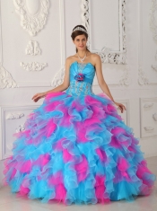 Multi-color Ball Gown Strapless Floor-length Organza Appliques and Hand Made Flower Quinceanera Dress