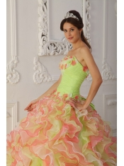 Multi-Color Ball Gown Strapless Floor-length Organza Hand Flowers and Ruffles Quinceanera Dress