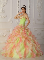 Multi-Color Ball Gown Strapless Floor-length Organza Hand Flowers and Ruffles Quinceanera Dress