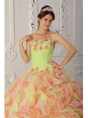 Multi-Color Ball Gown Strapless Floor-length Organza Hand Flowers and Ruffles Quinceanera Dress