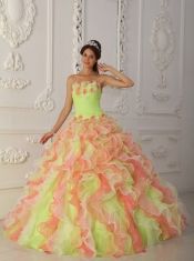 Multi-Color Ball Gown Strapless Floor-length Organza Hand Flowers and Ruffles Quinceanera Dress