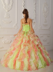 Multi-Color Ball Gown Strapless Floor-length Organza Hand Flowers and Ruffles Quinceanera Dress