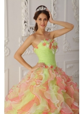 Multi-Color Ball Gown Strapless Floor-length Organza Hand Flowers and Ruffles Quinceanera Dress
