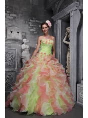Multi-color Ball Gown Strapless Floor-length Taffeta and Organza Hand Made Flowers Quinceanera Dress