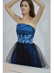 Navy Blue and Black A-Line / Princess Strapless Mini-length Taffeta and Organza Rhinestones  Prom Dress