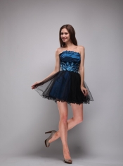 Navy Blue and Black A-Line / Princess Strapless Mini-length Taffeta and Organza Rhinestones  Prom Dress