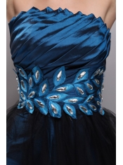Navy Blue and Black A-Line / Princess Strapless Mini-length Taffeta and Organza Rhinestones  Prom Dress