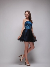 Navy Blue and Black A-Line / Princess Strapless Mini-length Taffeta and Organza Rhinestones  Prom Dress