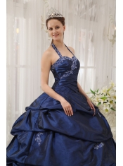 Navy Blue Ball Gown Halter Floor-length Taffeta Appliques Sweet 16 Dress