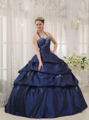 Navy Blue Ball Gown Halter Floor-length Taffeta Appliques Sweet 16 Dress