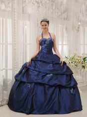 Navy Blue Ball Gown Halter Floor-length Taffeta Appliques Sweet 16 Dress