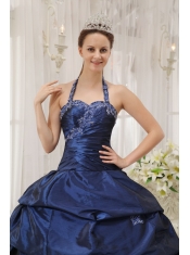 Navy Blue Ball Gown Halter Floor-length Taffeta Appliques Sweet 16 Dress