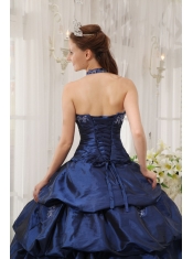 Navy Blue Ball Gown Halter Floor-length Taffeta Appliques Sweet 16 Dress