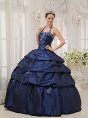 Navy Blue Ball Gown Halter Floor-length Taffeta Appliques Sweet 16 Dress