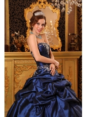 Navy Blue Ball Gown Strapless Floor-length Appliques Taffeta  Quinceanera Dress