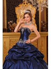 Navy Blue Ball Gown Strapless Floor-length Appliques Taffeta  Quinceanera Dress