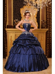 Navy Blue Ball Gown Strapless Floor-length Appliques Taffeta  Quinceanera Dress