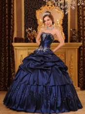 Navy Blue Ball Gown Strapless Floor-length Appliques Taffeta Quinceanera Dress