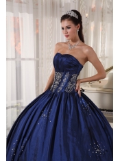 Navy Blue Ball Gown Strapless Floor-length Taffeta Embroidery and Beading Quinceanera Dress