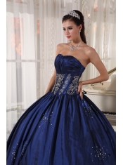 Navy Blue Ball Gown Strapless Floor-length Taffeta Embroidery and Beading Quinceanera Dress