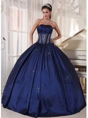 Navy Blue Ball Gown Strapless Floor-length Taffeta Embroidery and Beading Quinceanera Dress