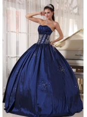 Navy Blue Ball Gown Strapless Floor-length Taffeta Embroidery and Beading Quinceanera Dress