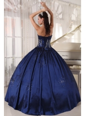 Navy Blue Ball Gown Strapless Floor-length Taffeta Embroidery and Beading Quinceanera Dress