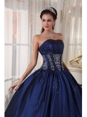 Navy Blue Ball Gown Strapless Floor-length Taffeta Embroidery and Beading Quinceanera Dress