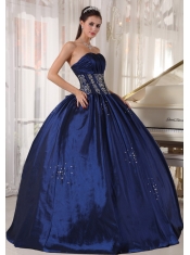 Navy Blue Ball Gown Strapless Floor-length Taffeta Embroidery and Beading Quinceanera Dress