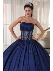 Navy Blue Ball Gown Strapless Floor-length Taffeta Embroidery and Beading Quinceanera Dress