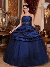 Navy Blue Ball Gown Strapless Floor-length Tulle and Taffeta Beading Quinceanera Dress