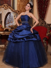 Navy Blue Ball Gown Strapless Floor-length Tulle and Taffeta Beading Quinceanera Dress