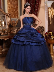 Navy Blue Ball Gown Strapless Floor-length Tulle and Taffeta Beading Quinceanera Dress