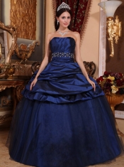 Navy Blue Ball Gown Strapless Floor-length Tulle and Taffeta Beading Quinceanera Dress