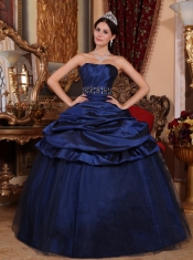 Navy Blue Ball Gown Strapless Floor-length Tulle and Taffeta Beading Quinceanera Dress