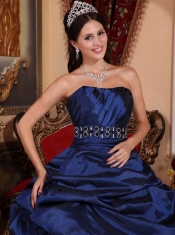 Navy Blue Ball Gown Strapless Floor-length Tulle and Taffeta Beading Quinceanera Dress