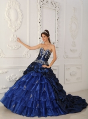 Navy Blue Ball Gown Sweetheart Chapel Train Taffeta and Organza Appliques Quinceanera Dress